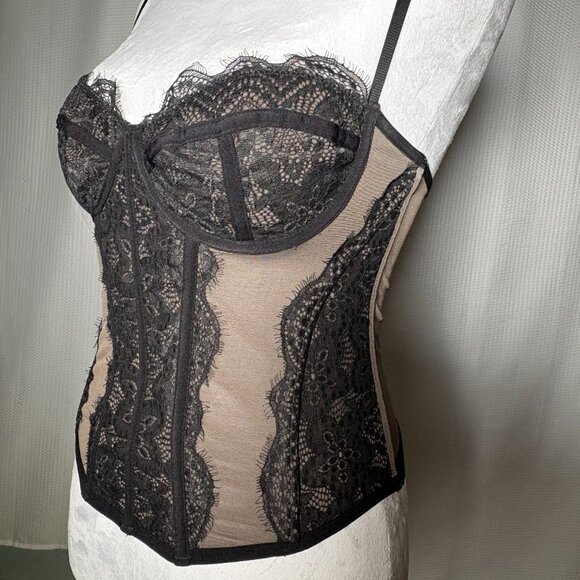 Black Lace Mesh Corset Bustier Top L Babydoll Whimsigoth Fairy Grunge Romantic - Picture 1 of 7